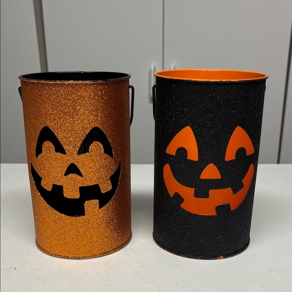 Metal Luminary Other - Set of 2 Glitter Jack O Lantern Halloween Buckets Orange Black Decor 7”